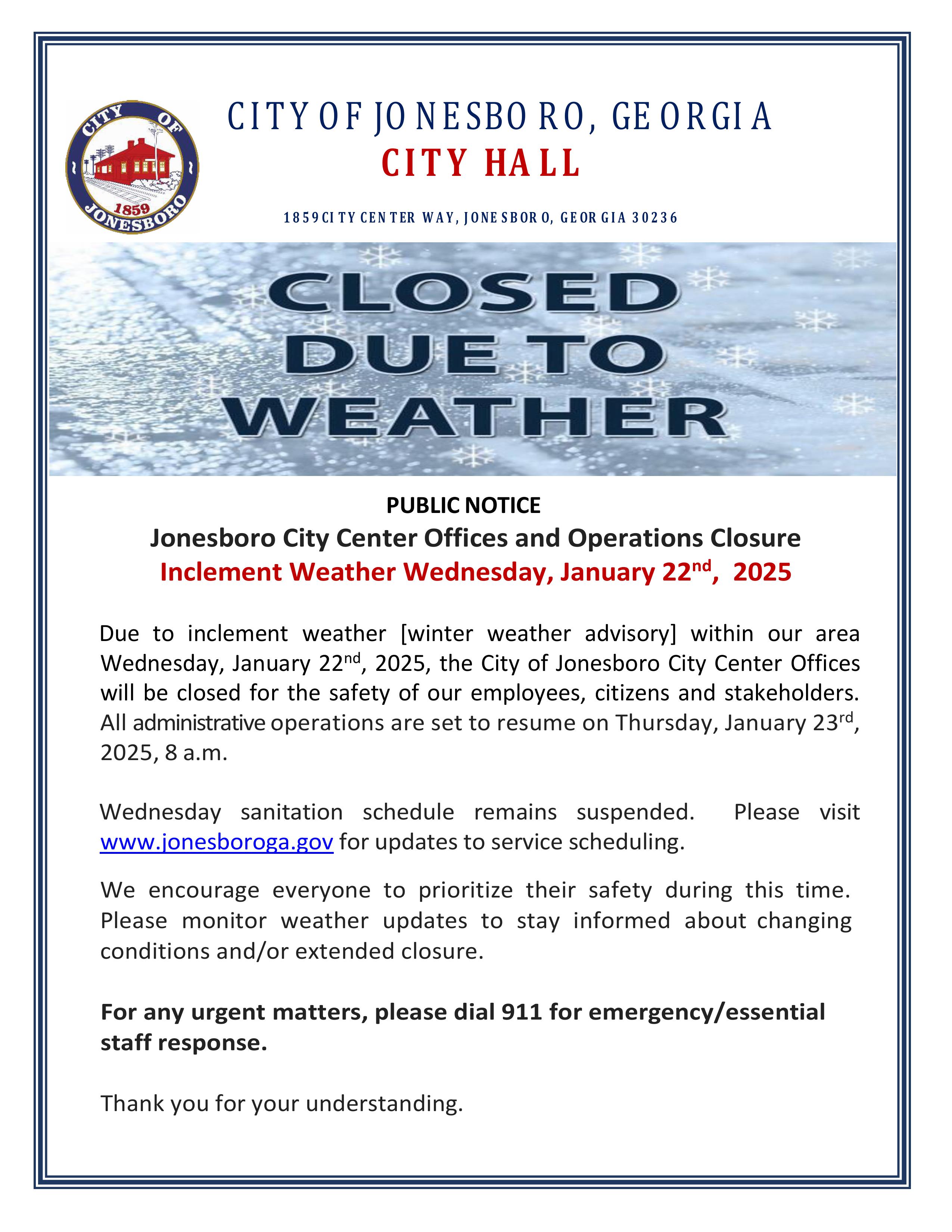 Public Notice Inclement Weather 